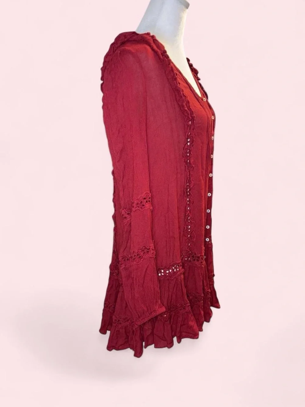 Free People Burgundy Button-Front Ruffle Tiered Midi Dress